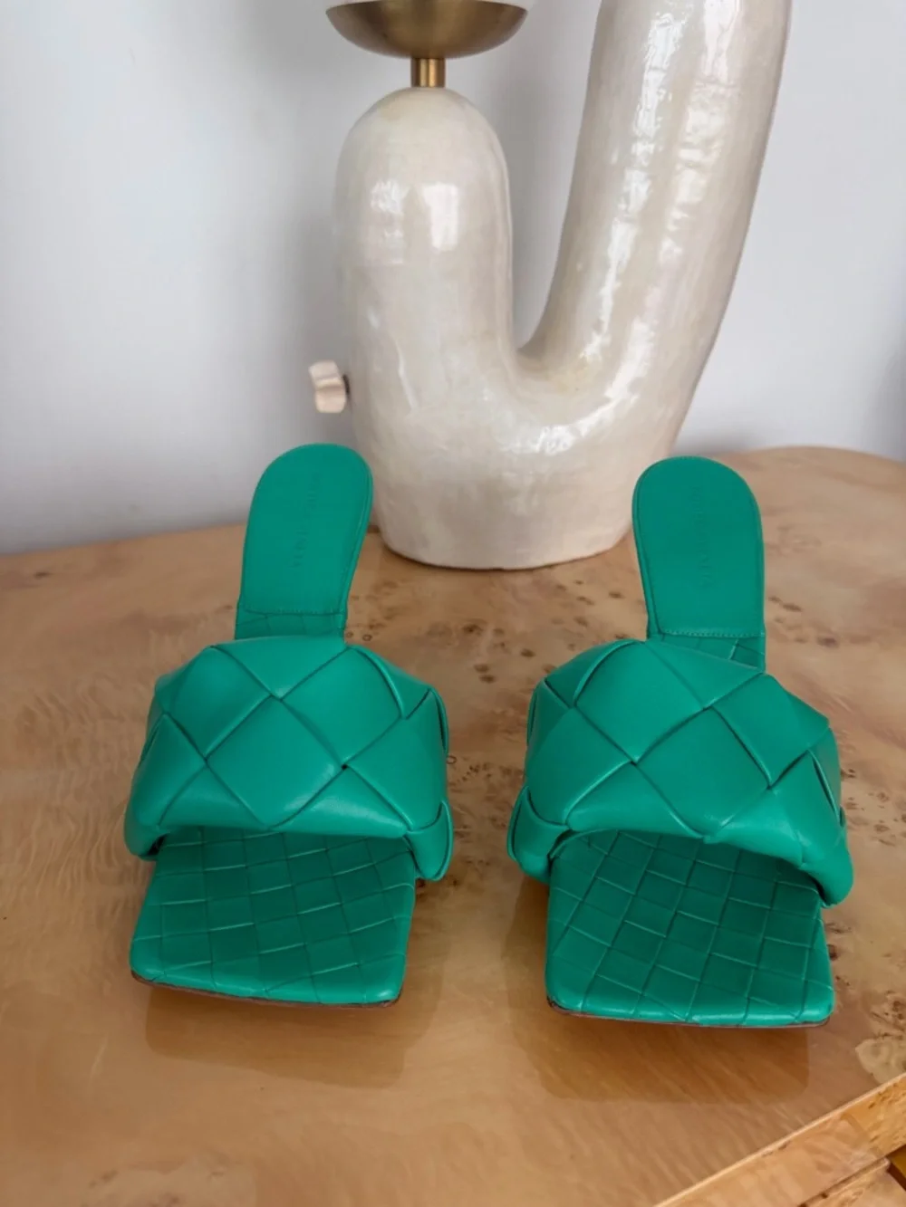 Bottega Veneta Emerald Green Woven Stiletto Slide Heels - Picture 2 of 5